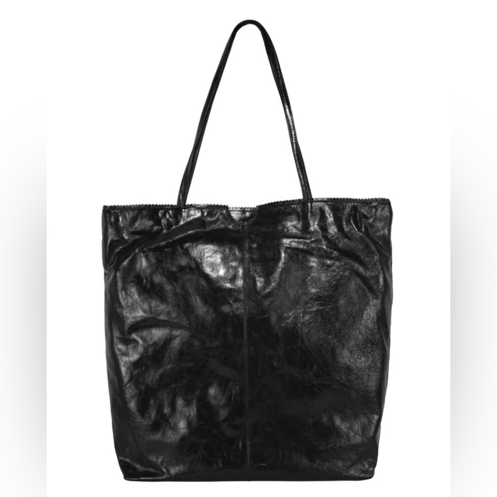 ANTHROPOLOGIE LATIGO LEATHER 🖤NORA BAG BLACK SCALLOPED LARGE TOTE NEW🎁